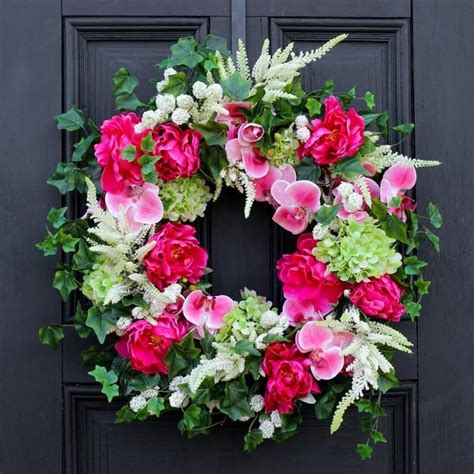 Pink Peony Green Hydrangea And Orchid Spring Summer Front Door Wreath In