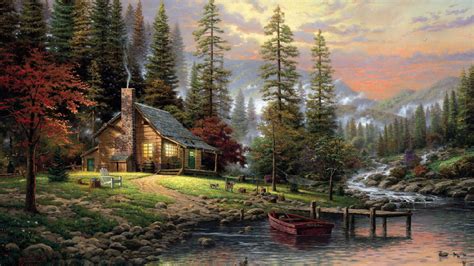 Life In Nature House Forest Trees Stream Lake Boat Painting Desktop