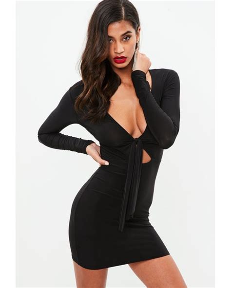 Lyst Missguided Black Slinky Tie Front Cut Out Bodycon Dress In Black