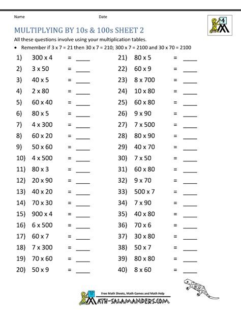 Multiply Whole Numbers By Multiples Of 10 Worksheet