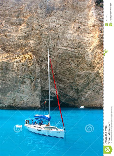 Yacht By Navagio Beach In Zakynthos Stock Image Image Of