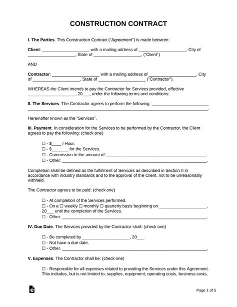 Printable Free Construction Contract Template Sample Pdf Word Cost Plus
