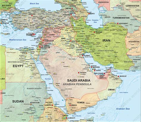 Digital Map Middle East Political With Relief 1315 The World Of