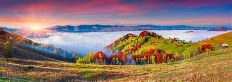 Colorful Autumn Landscape In The Mountain Village Foggy Morning Stock