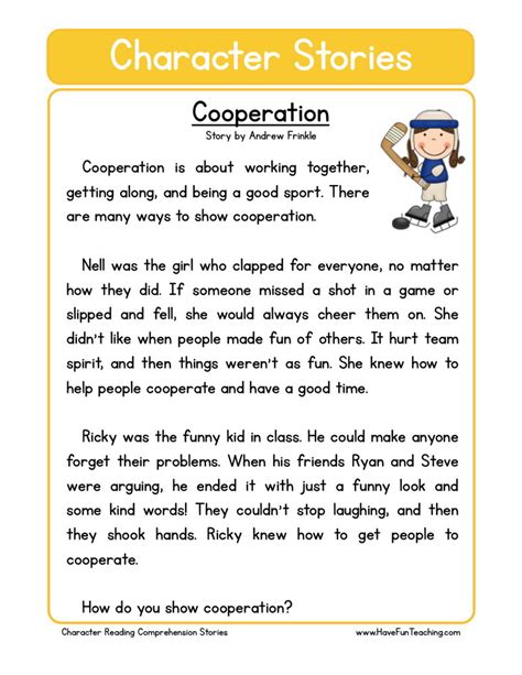 When you have this list, begin searching online for free math worksheets that fit your child has scope and sequence for the year and the goals you have set for your child. Reading Comprehension Worksheet - Cooperation