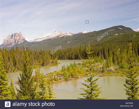 Castle Mountain And The Bow River Near Banff In Banff National Park