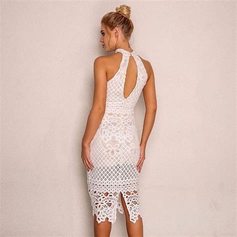 Justchicc Mesh White Lace Dress Women Hollow Out Sleeveless V Neck Sexy Bodycon Dress Skinny