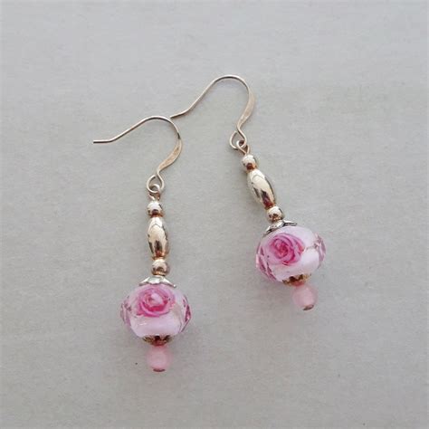 Pink Glass Bead Silver Earrings Rose Flower Bead Earrings Etsy UK