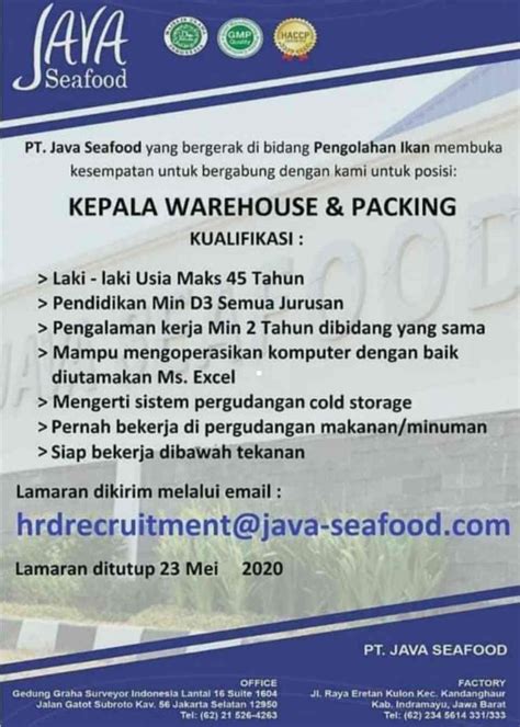 Mengidentifikasi dan memetakan potensi bahaya di lingkungan kerja. Lowongan Kerja PT Java Seafood Indramayu Terbaru 2020 - Lokerhariini.COM