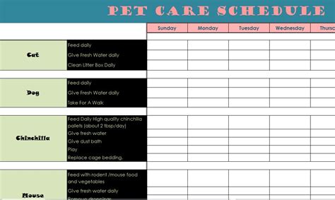 pet care schedule  excel templates