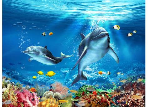 Custom Photo Waterproof Flooring Wallpaper Dolphins 3 D Underwater World 3d Mural Pvc Wallpaper