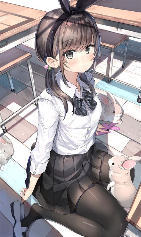 Wallpaper Bunny Girl Anime Girls Dark Hair Kneeling Miniskirt The