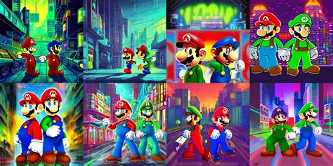 Mario And Luigi In A Cyberpunk World Night Time Stable Diffusion