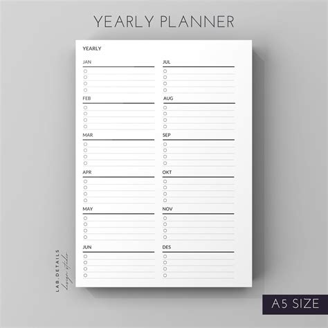 Year At A Glance A5 Planner Inserts Yearly 1 Page Yearly Etsy In 2021