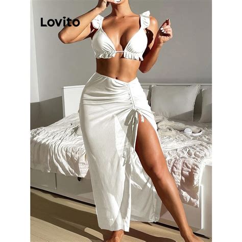 Lovito Conjunto De Biquíni Sexy Com Babados Lisos Para Mulheres Lnl43085 Shopee Brasil