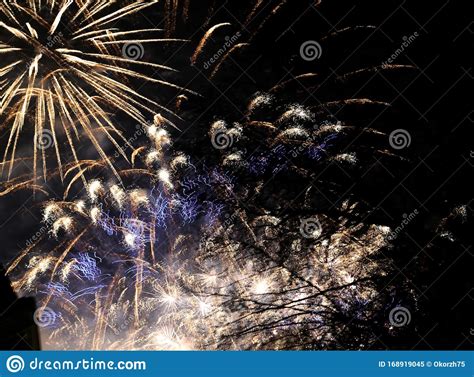 Burst Colorful Fireworks In Night Dark Sky Stock Image Image Of Fire