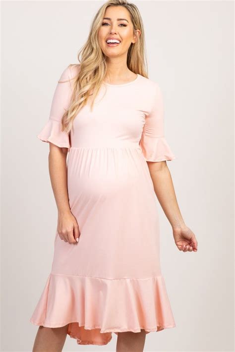 Pink Solid Ruffle Maternity Dress Maternity Dresses Dresses Pink