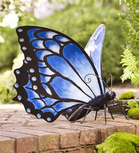 Hand Painted Blue Metal Monarch Butterfly Outdoor Sculpture Wind And