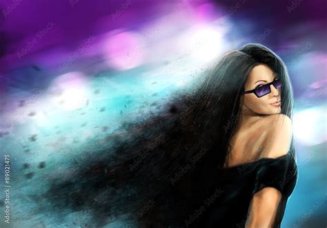 Fantasy Illustration Of A Dissolving Cute Girl Posing In Black Glasses