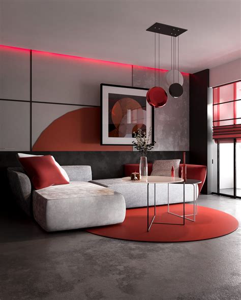 Modern Red And Grey Interiors With Japanese Influences Living Room