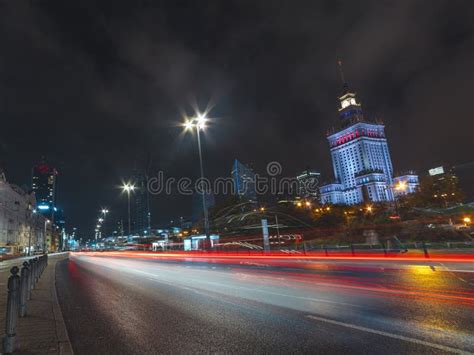 Cityscape Of The Warsaw City By Night With Light Trails Stock Image