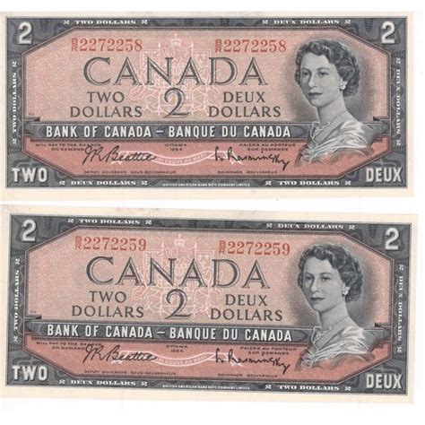 Two 1954 Consecutive 2 Canadian Banknotes