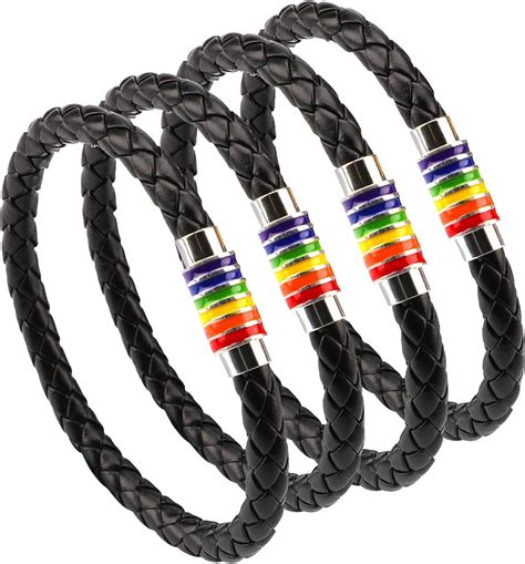 anderk 4 pack unisex black braided leather gay pride rainbow bracelet bangle with magnetic clasp