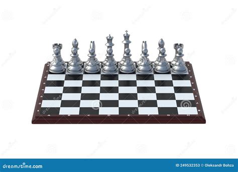 Luxury Set Of Silver Chess Figures On Chess Board Isolated On White