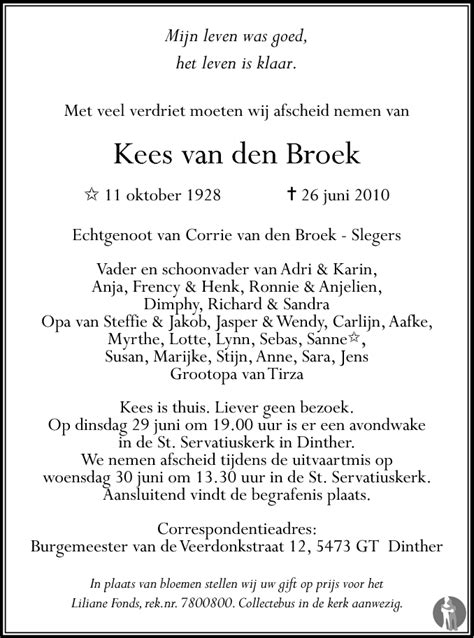 Kees Van Den Broek 26 06 2010 Overlijdensbericht En Condoleances