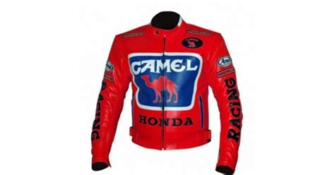 This stylish moto jacket features classic slim lines two zip chest pockets and a warm quilted lining. Men's Red Honda Camel Racing Motorcycle Leather Jacket