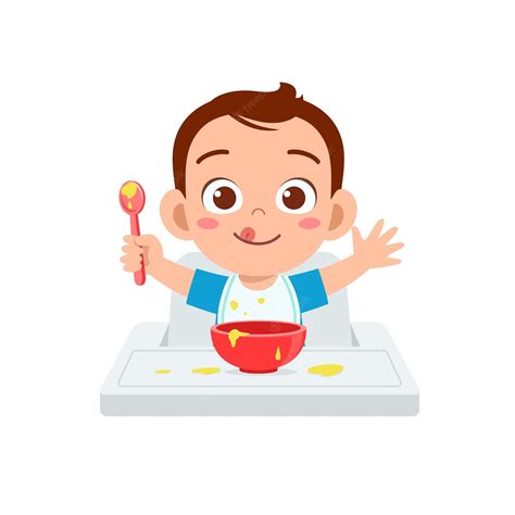 Premium Vector Cute Little Baby Boy Eat Porridge In Bowl With Spoon