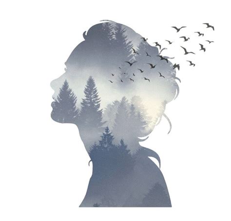 A Womans Profile With Birds Flying Over Her Head And Trees In The
