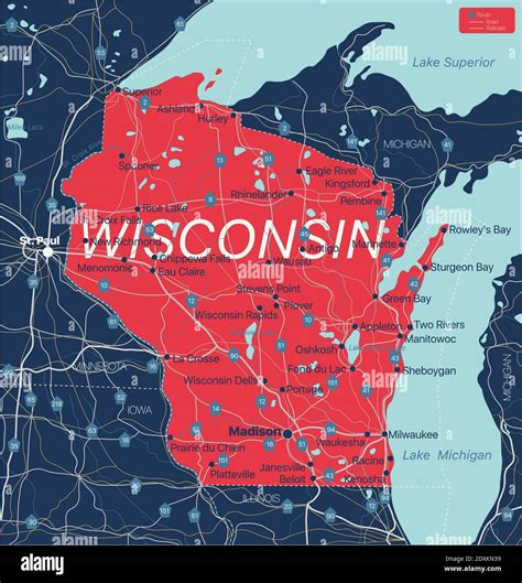 Wisconsin State Detailed Editable Map With Cities And Towns Geographic