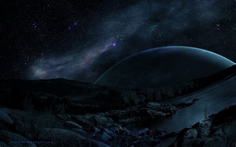 Sci Fi Planet Rise Fantasy Landscape Planet Mountain Sky Starry Sky