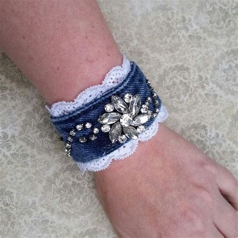 Denim Cuff Bracelet Upcycled Jeans Recycled Jewelry Rhinestone