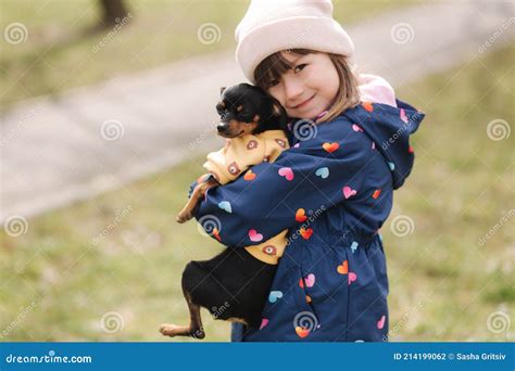 Beautiful Little Girl Walk With Cute Dog Outdoors Six Year Old Girl