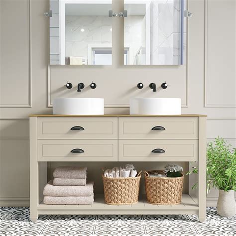 1250mm Beige Traditional Freestanding Vanity Unit With Basins And Black