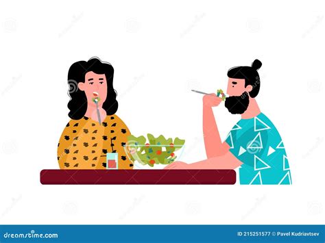 Pareja Comiendo Comida Juntos Caricatura Gente Compartir Plato De