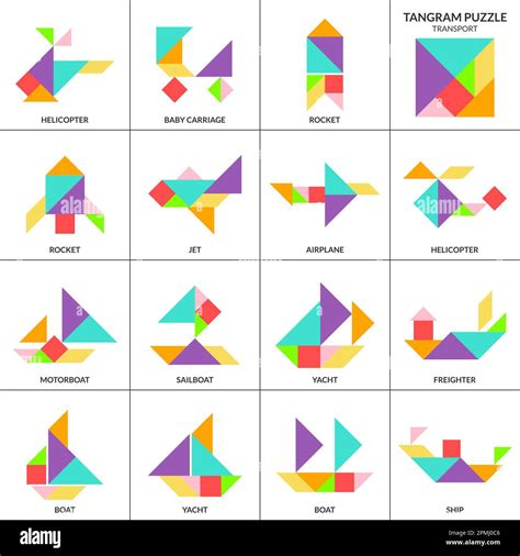 Tangram Puzzle Game Vector Set With Various Transport Stock Vector