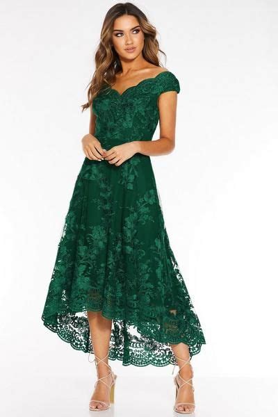Petite Bottle Green Lace Embroidered Bardot Dip Hem Dress In 2020
