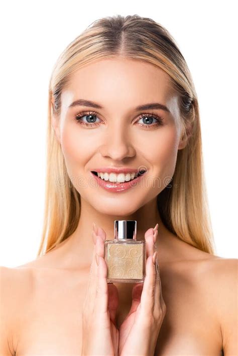 Naked Happy Woman With Closed Eyes And Perfume On White Stock Image