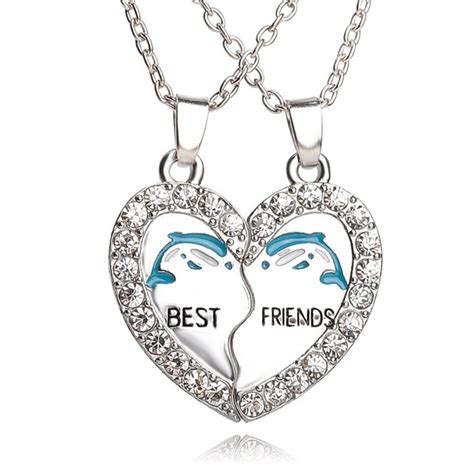 2 Pieces Split Heart Couple Best Friend Pendant Necklaces Cute Dolphin Engraved Crystal