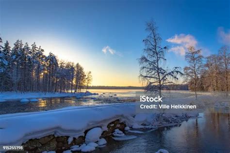 Winter Landscape From Pajakka River Kuhmo Finland Stock Photo