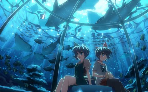 Two Anime Character Sitting In Aquarium Scene Hd Wallpaper Wallpaper