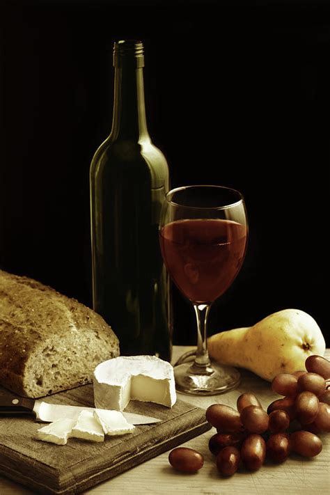 Still Life With Wine Cheese And Fruit By Oliverchilds