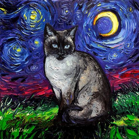 Siamese Cat Art Canvas Print Starry Night Ready To Hang Wall Decor
