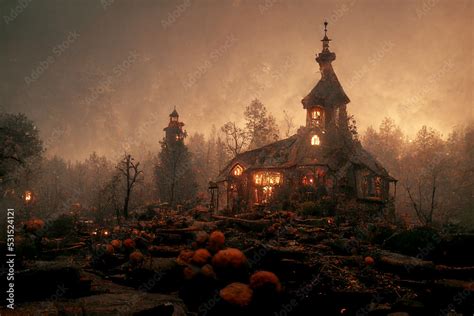 Naklejka Spooky Witch House In Autumn Mystical Village 3d Art