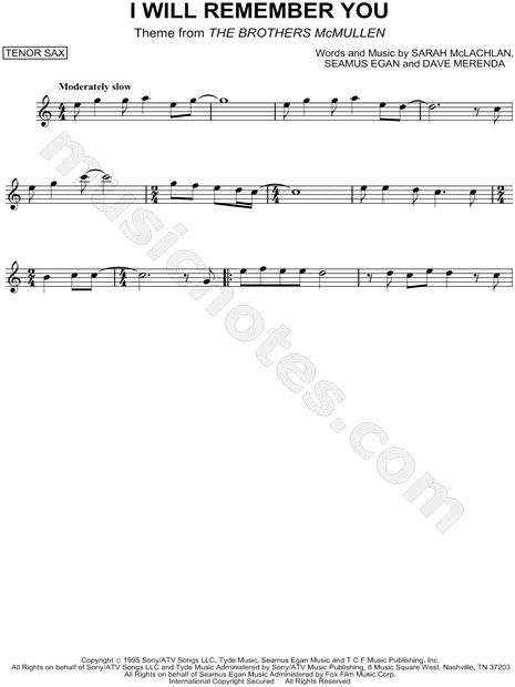 Sarah Mclachlan I Will Remember You Sheet Music Tenor Saxophone Solo In C Major Download