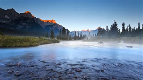 Nature Landscape Trees Mountains Rocks Water River Mist Clear