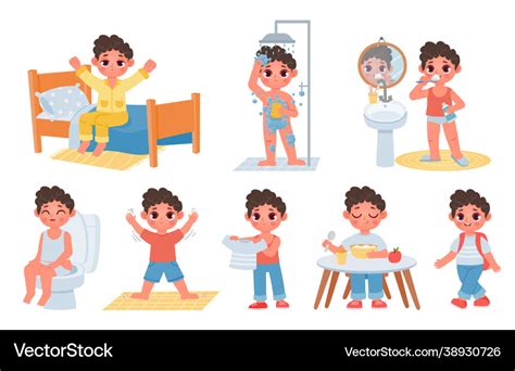 Child Morning Daily Routine With Cute Cartoon Boy Vector Image